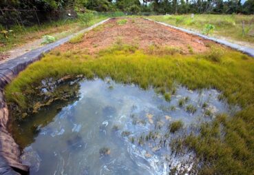 Bioremediation pit for soil contaminated with crude oil. On an oil well platform in the Amazon